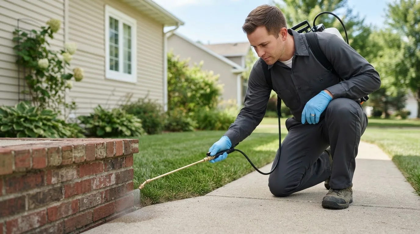 Pest control technician treating a home near Wellston, OH