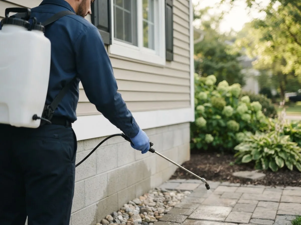 Pest control technician inspecting a home in Wellston, OH